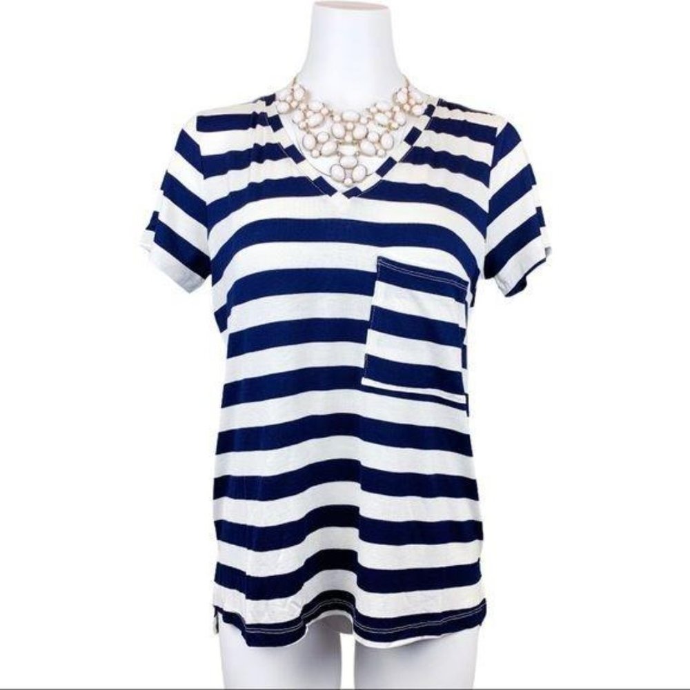 Tart Navy & White Stripe V Neck Pocket Tee Size XS